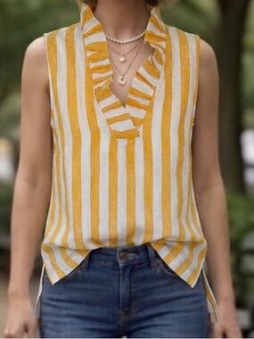 Crown & Ivy Mustard and White Striped Ruffle V-Neck Sleeveless Top